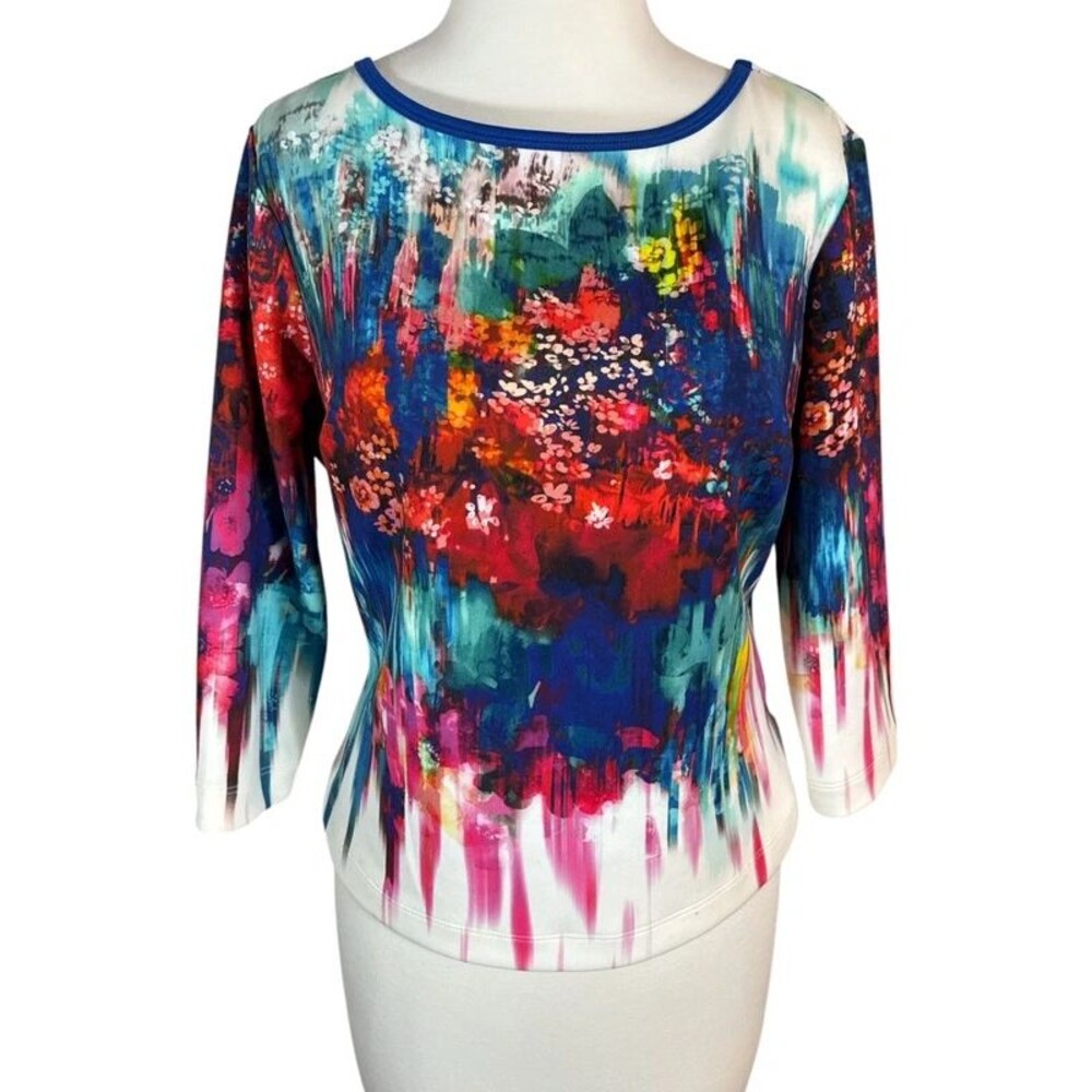 Bisou Bisou Primary Colors Bold Watercolor Floral Art Scoop Neck Top Sz L